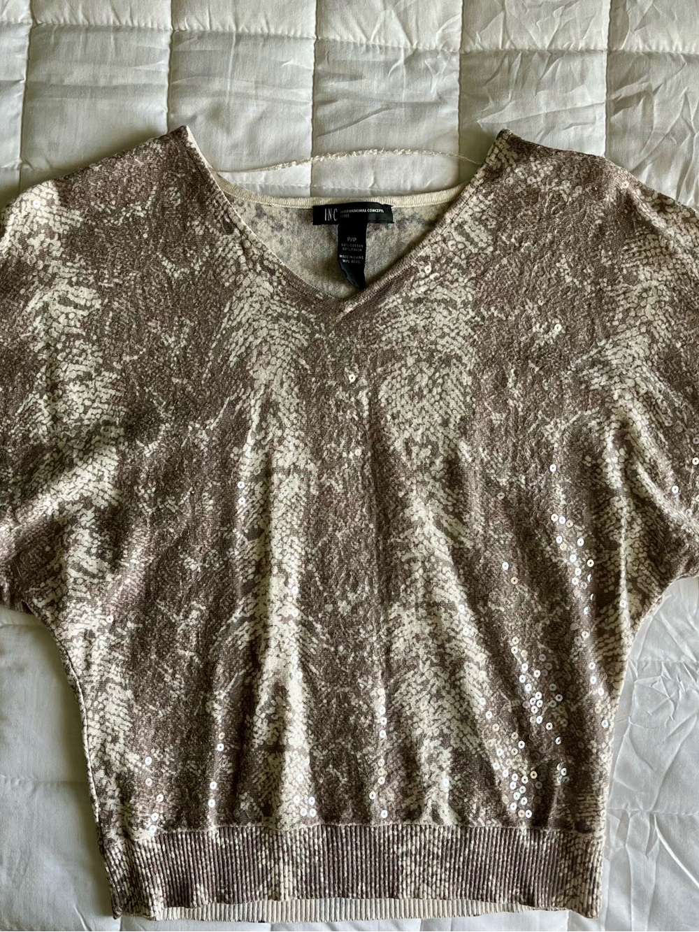 INC International Concepts Taupe and Cream Sequin V-Neck Pullover